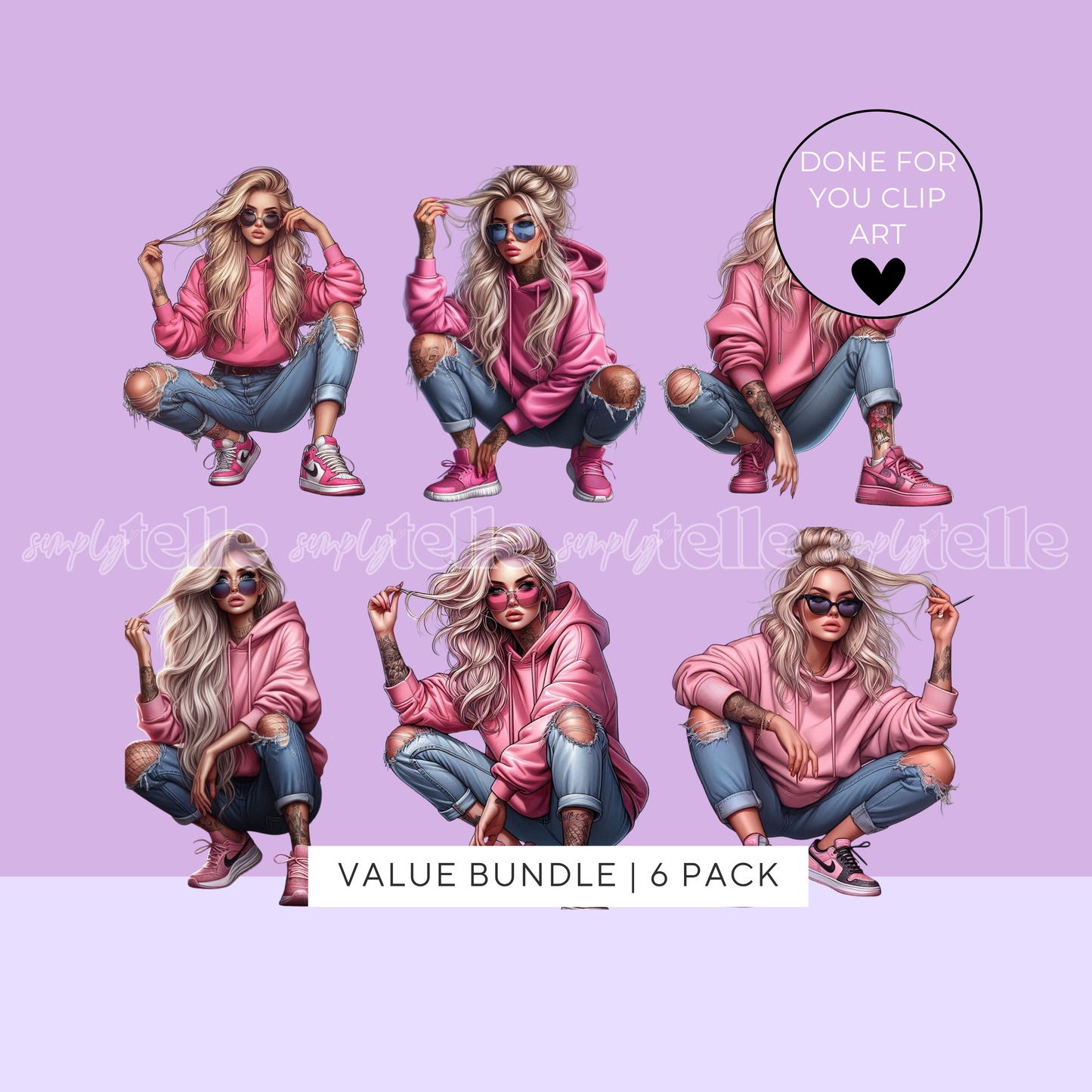 Tattoo Wannabe Girls Pink Hoodie Blonde Hair | Digital Designs | Clip Art | UVDTF Designs | Sublimation | Bundle Pack