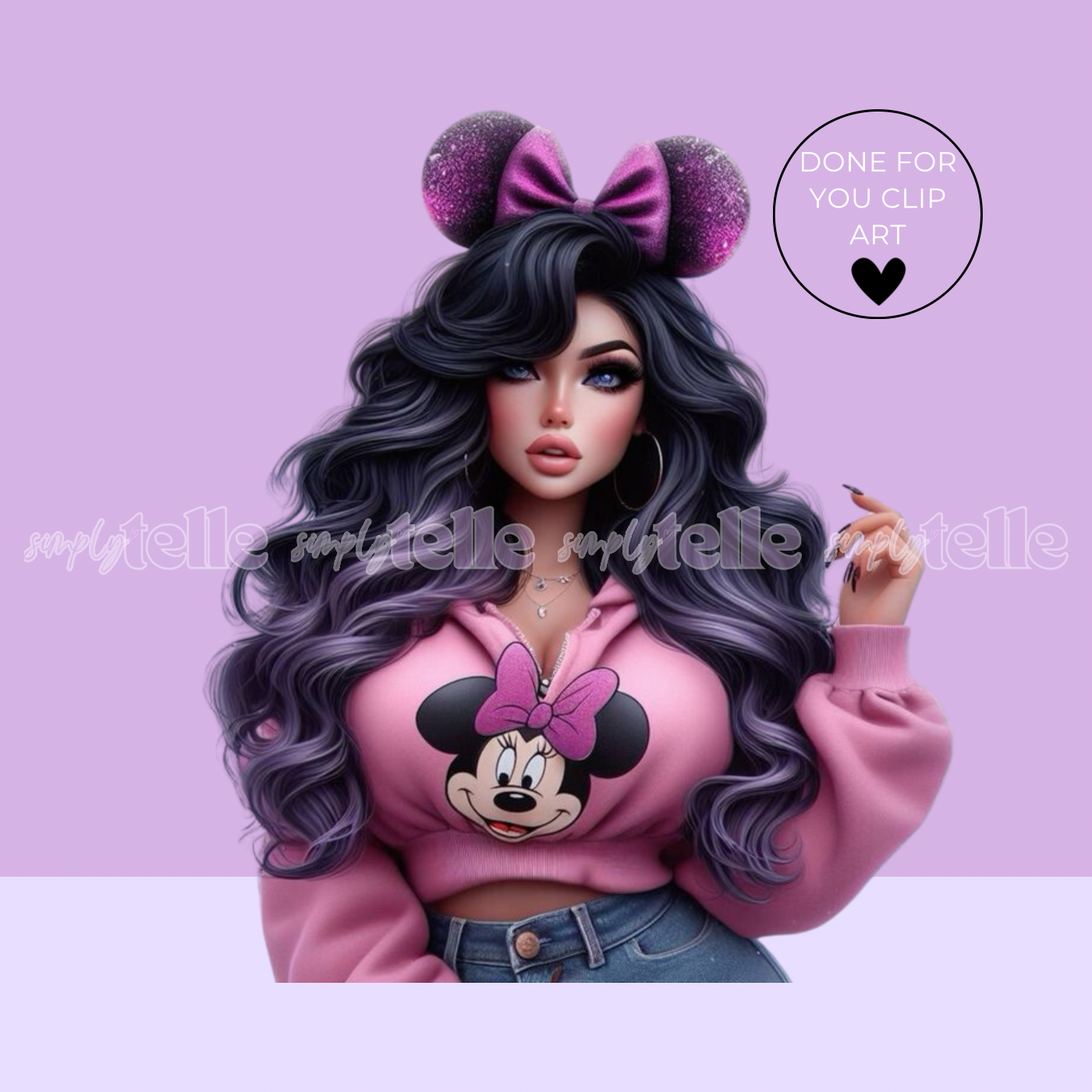 Cute Mouse Ear Girl Pink Jumper Dark Hair | Girl Digital Illustration | Clip Art | UVDTF Designs | Sublimation