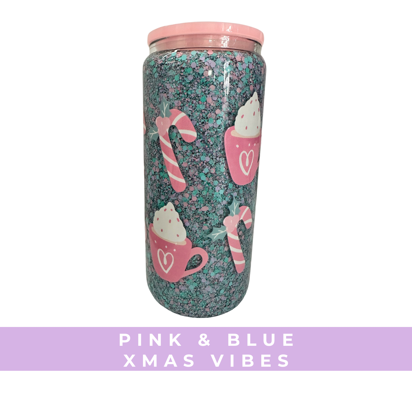 Blue & Pink Xmas Vibes | 16oz Glass | Snow Globe Tumbler