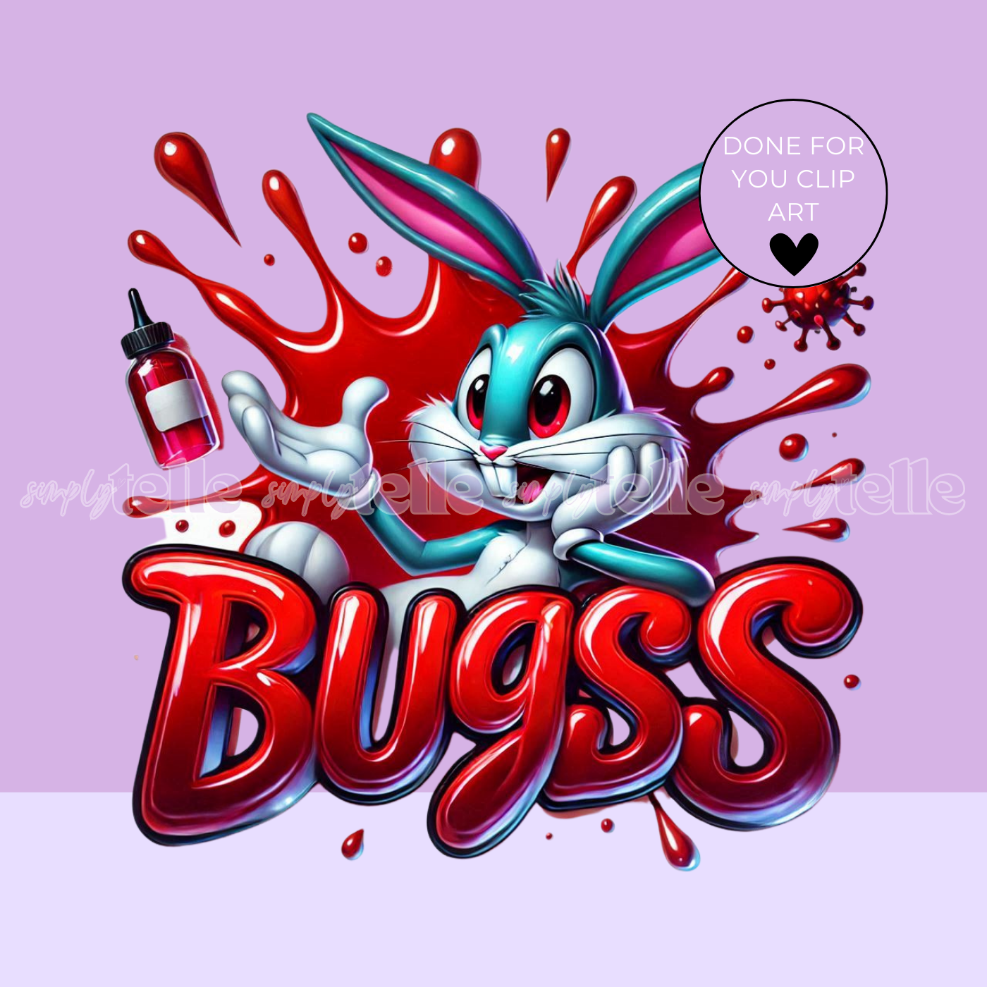 Grey Bunny Red Splash | Digital Illustration | Clip Art | UVDTF Designs | Sublimation
