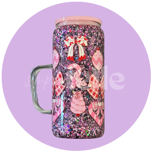 Black & Pink Xmas | 16oz Glass Handle | Snow Globe Tumbler