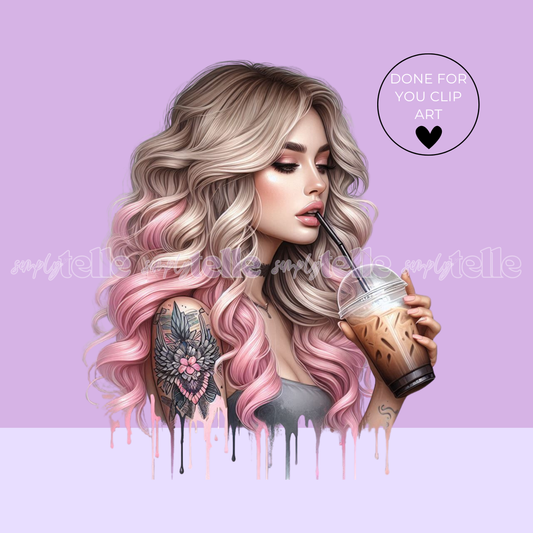 Pink Curly Hair Girl Ice Coffee | Tattoo Girl Digital Illustration | Clip Art | UVDTF Designs | Sublimation