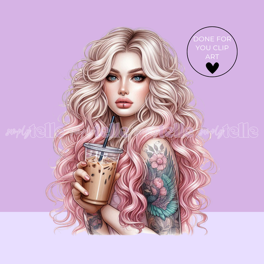 Blonde Pink Curly Hair Ice Coffee | Tattoo Girl Digital Illustration | Clip Art | UVDTF Designs | Sublimation
