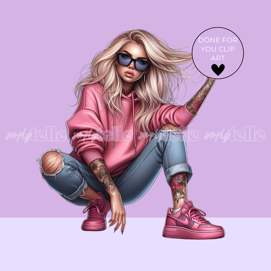 Pink Sneakers Girl Hoodie Ripped Jeans | Tattoo Girl Digital Illustration | Clip Art | UVDTF Designs | Sublimation