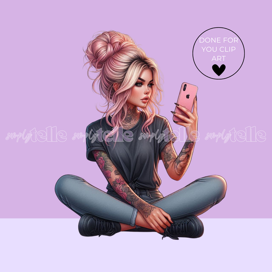 Messy Hair Bun Girl - Digital Illustration - Clip Art - UVDTF Designs - Sublimation