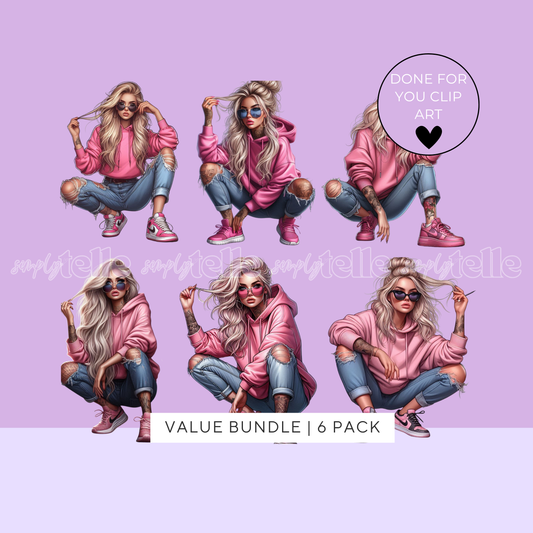 Tattoo Wannabe Girls Pink Hoodie Blonde Hair - Digital Designs - Clip Art - UVDTF Designs - Sublimation - Bundle Pack