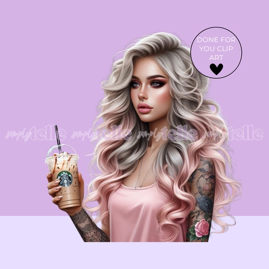 Blondie Curly Hair Ice Coffee - Tattoo Girl Illustration Digital - Clip Art - UVDTF Designs - Sublimation