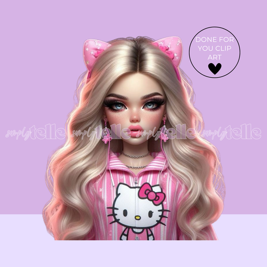Cheeky Girl with Pink Kitty Outfit - Digital Illustration - Clip Art - UVDTF Designs - Sublimation