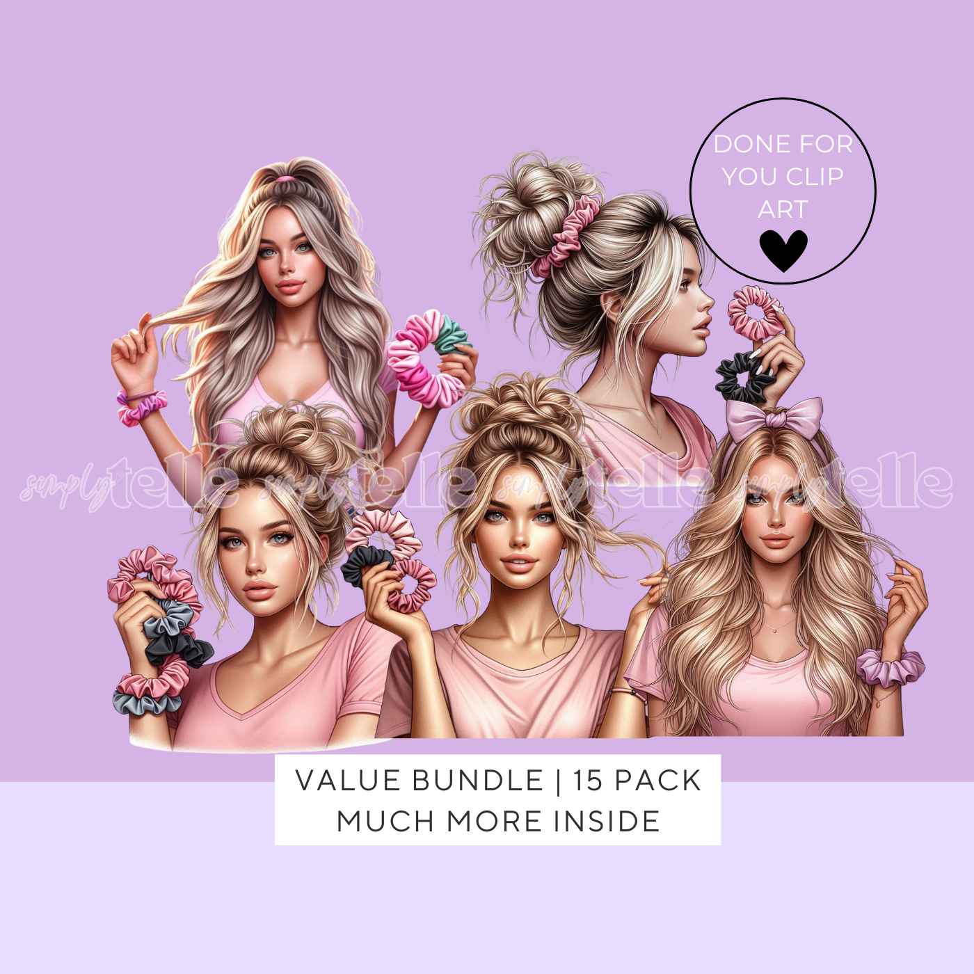 Value Bundle 15 Pack - Scrunchie Girls - Digital Designs - Clip Art - UVDTF Designs - Sublimation