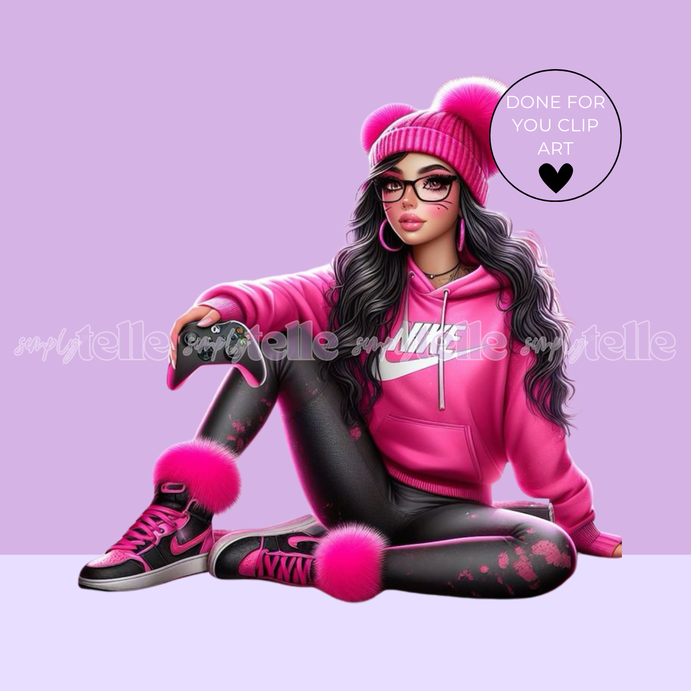 Dark Hair Pink Gamer Girl - Digital Illustration - Clip Art - UVDTF Designs - Sublimation