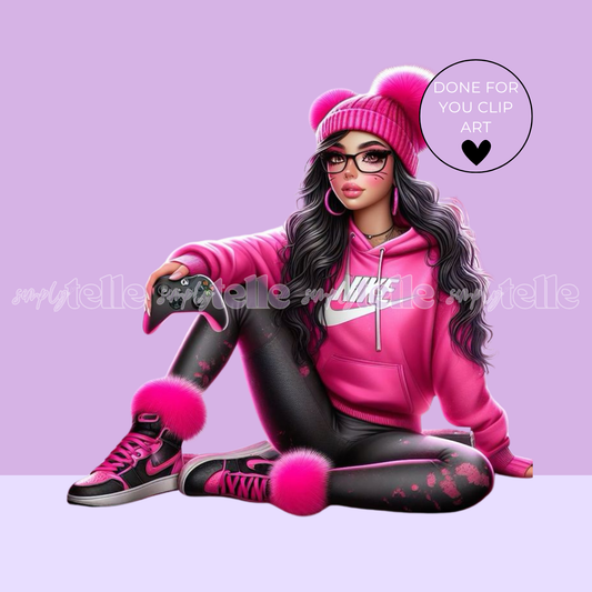 Dark Hair Pink Gamer Girl - Digital Illustration - Clip Art - UVDTF Designs - Sublimation
