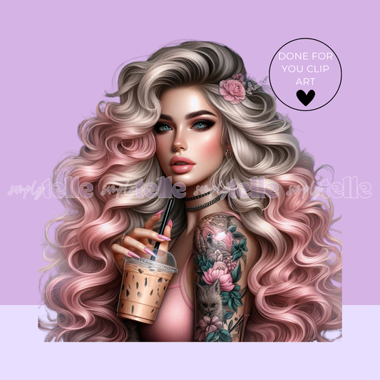 Volumious Pink Curly Hair Ice Coffee - Tattoo Girl - Digital Illustration - Clip Art - UVDTF Designs - Sublimation