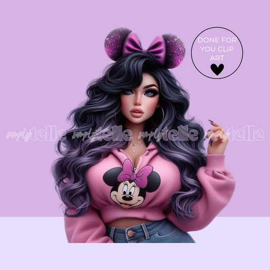 Cute Mouse Ear Girl Pink Jumper Dark Hair - Digital Illustration - Clip Art - UVDTF Designs - Sublimation