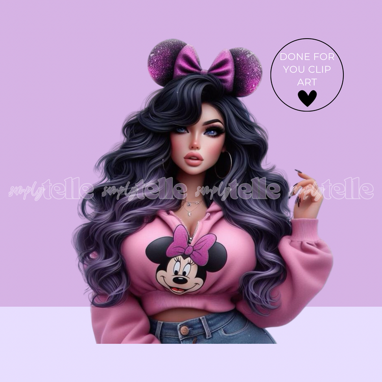 Cute Mouse Ear Girl Pink Jumper Dark Hair - Digital Illustration - Clip Art - UVDTF Designs - Sublimation
