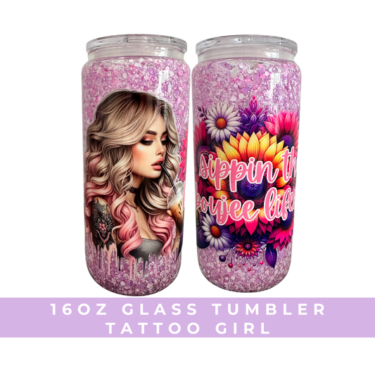 Tattoo Girl - Sippin That Boujee Lifestyle | 16oz Glass | Snow Globe Tumbler