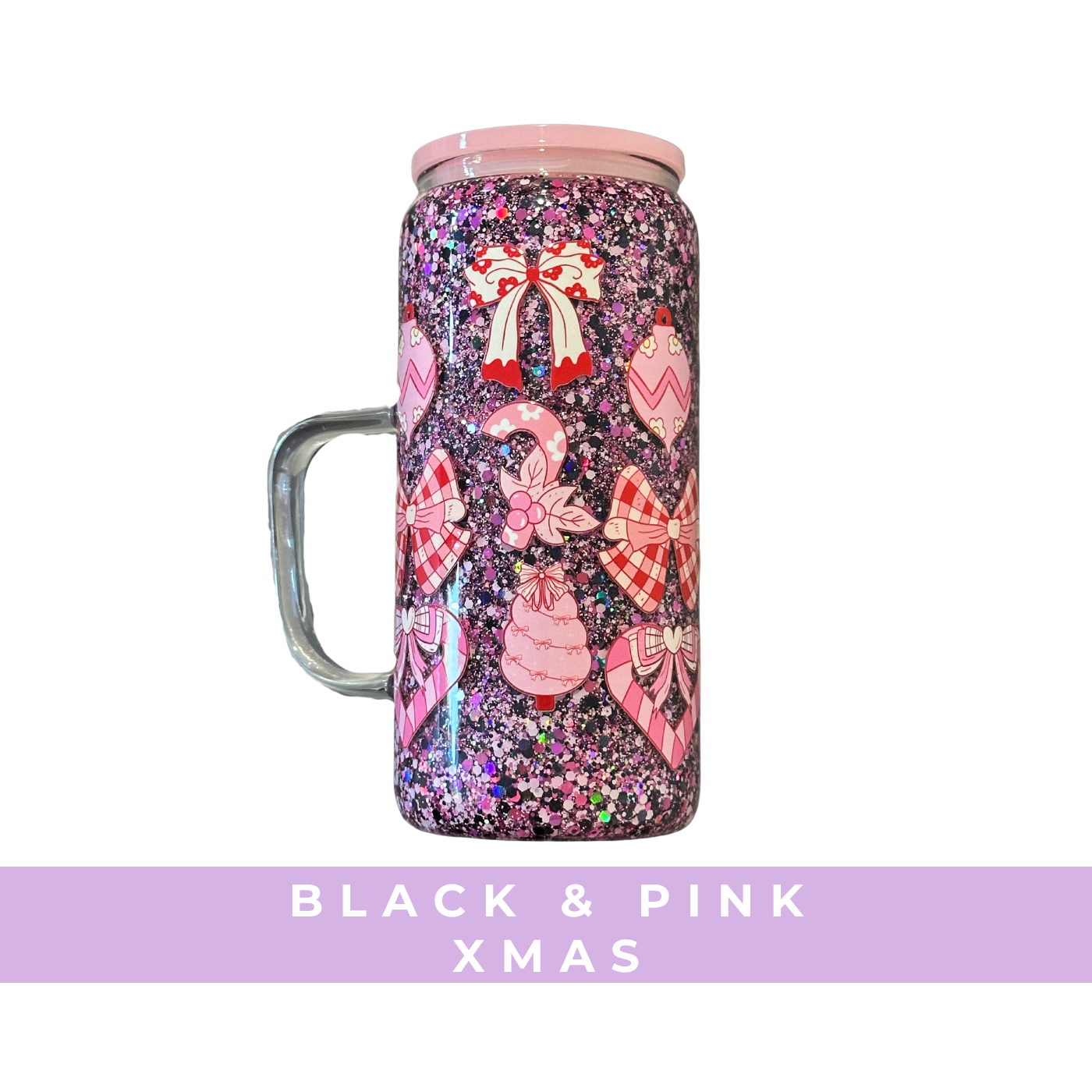 Black & Pink Xmas | 16oz Glass Handle | Snow Globe Tumbler