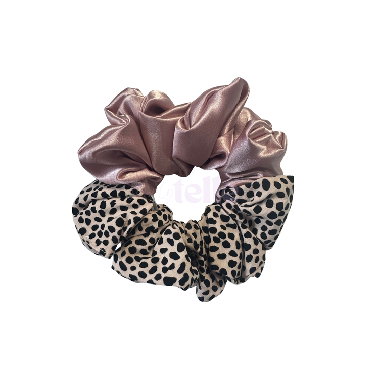 Snow Leopard & Dusty Pink Satin Scrunchie - Duo Tone