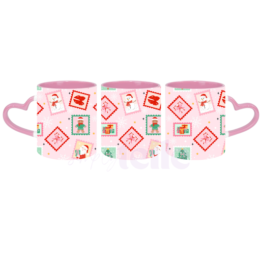 Pink Post Stamps Xmas - Pink Heart Handle Mug