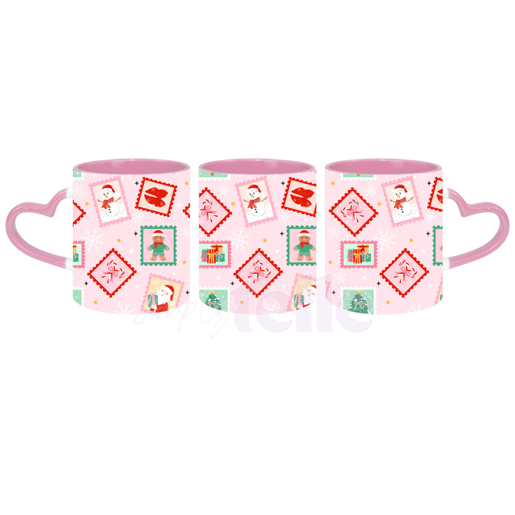 Pink Post Stamps Xmas - Pink Heart Handle Mug